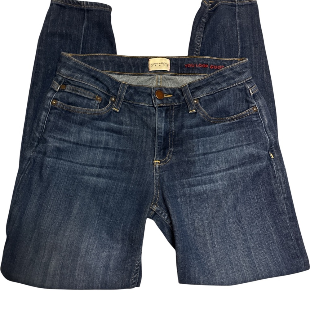 Alice + Olivia Dark Blue Dream On Straight Leg Jeans Good Mid-Rise Skinny Sz 26